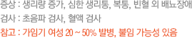 증상 : 생리량 증가, 심한 생리통, 복통, 빈혈 외 배뇨장애 검사 : 초음파 검사, 혈액 검사 참고 : 가임기 여성 20 ~ 50% 발병, 불임 가능성 있음