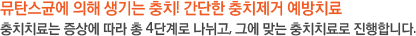 뮤탄스균에 의해 생기는 충치! 간단한 충치제거 예방치료 충치치료는 증상에 따라 총 4단계로 나뉘고, 그에 맞는 충치치료로 진행합니다.