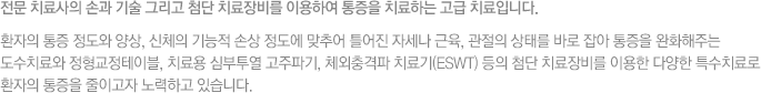 전문 치료사의 손과 기술 그리고 첨단 치료장비를 이용하여 통증을 치료하는 고급 치료입니다. 환자의 통증 정도와 양상, 신체의 기능적 손상 정도에 맞추어 틀어진 자세나 근육, 관절의 상태를 바로 잡아 통증을 완화해주는 도수치료와 정형교정테이블, 치료용 심부투열 고주파기, 체외충격파 치료기(ESWT) 등의 첨단 치료장비를 이용한 다양한 특수치료로 환자의 통증을 줄이고자 노력하고 있습니다.  